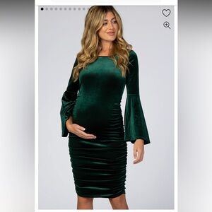 Forest Green Velvet Ruched Bell Sleeve Maternity Dress size Medium